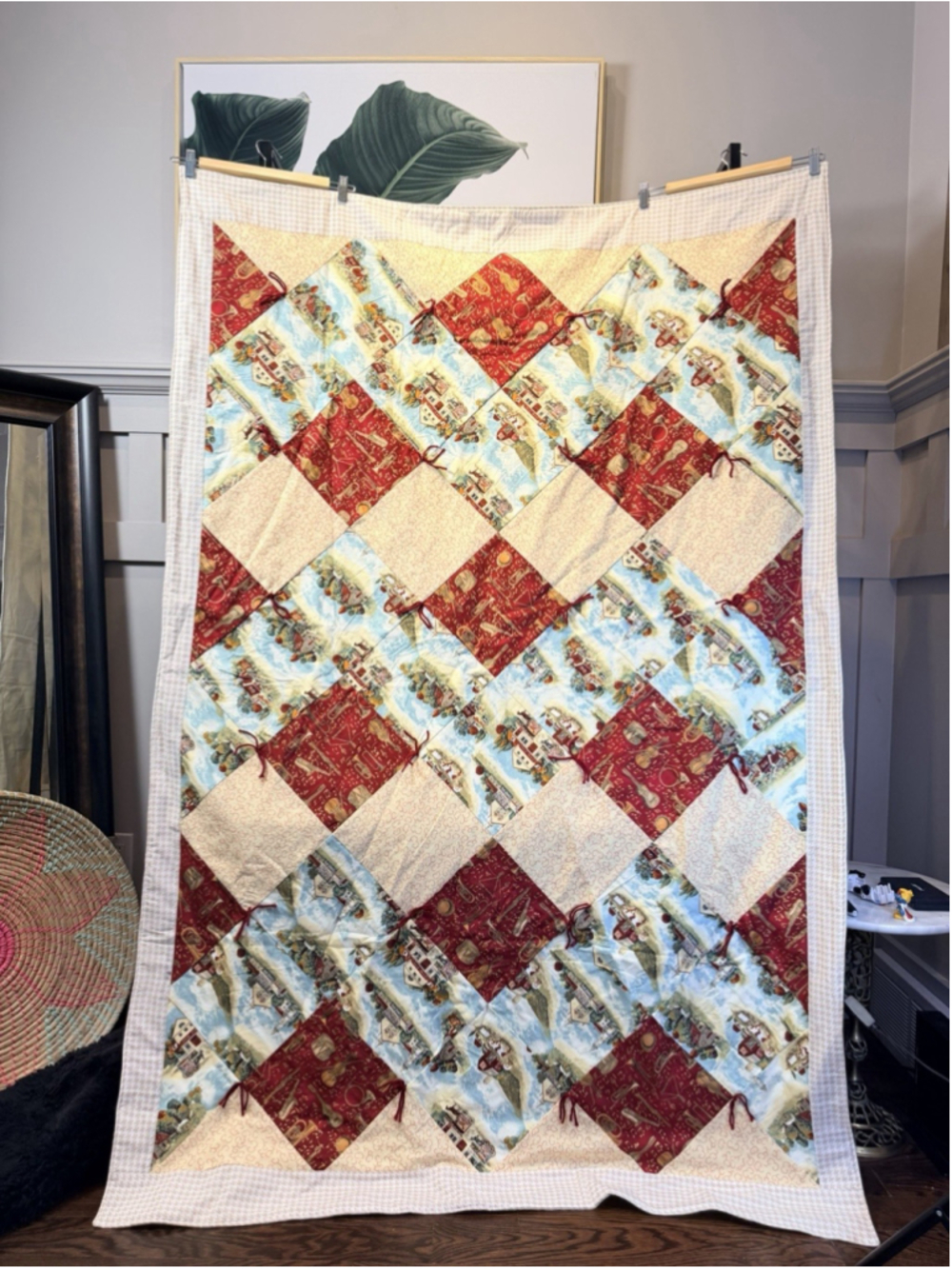 Handmade Quilt red beige checkered patchwork By Cotton Quilt 48” X 65”
